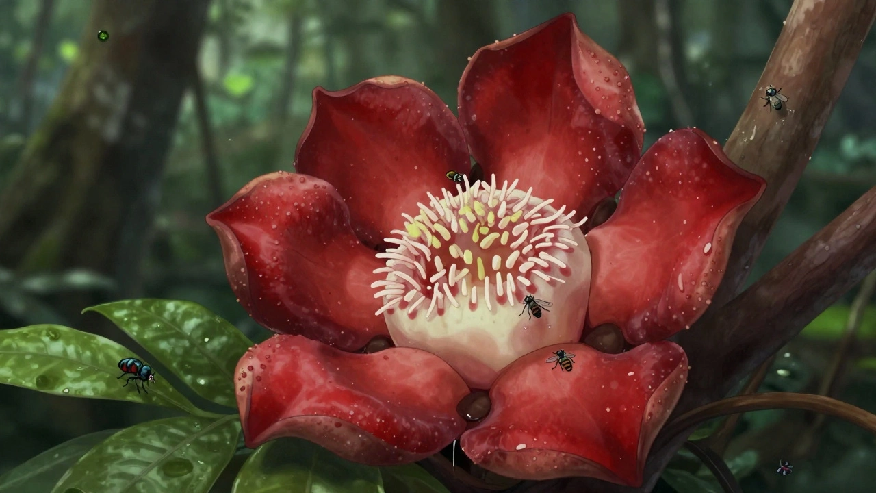 Rafflesia flower with flies hovering around its leathery petals in a humid Indian rainforest.
