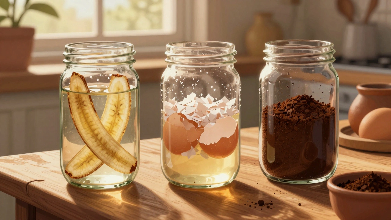 Three jars of homemade fertilizers: banana peel water, eggshell vinegar mix, and coffee grounds on a wooden table.