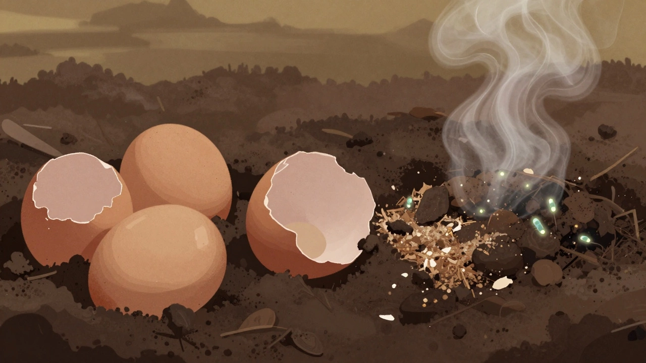 Time-lapse illustration of eggshells decomposing slowly in soil versus in a hot compost pile.