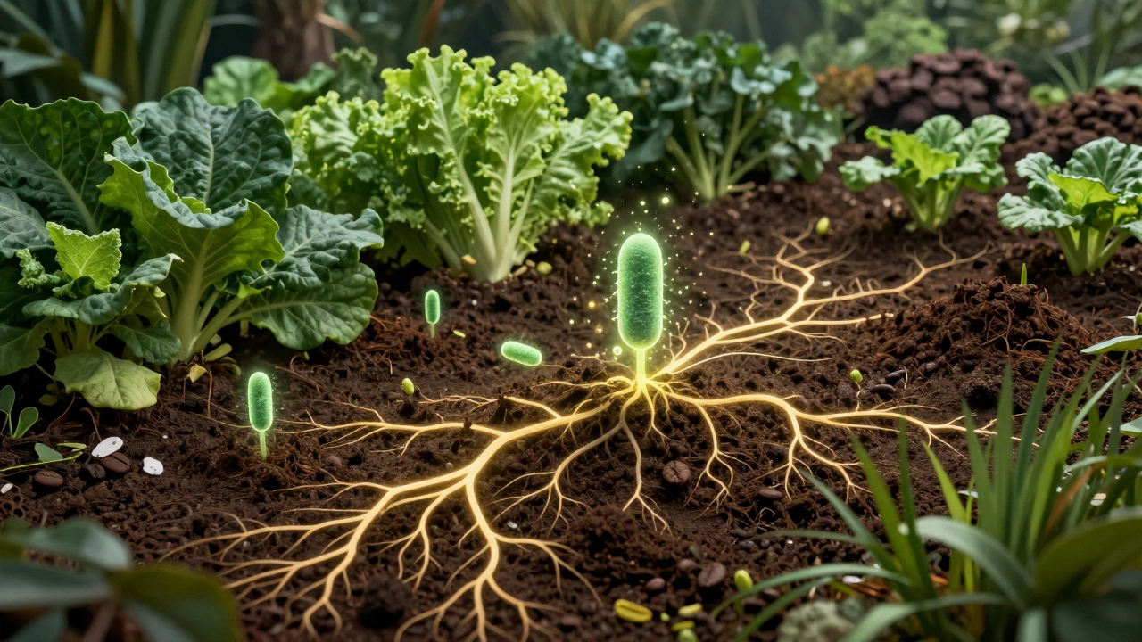 Underground view of soil microbes and nutrients connecting organic fertilizers to plant roots.