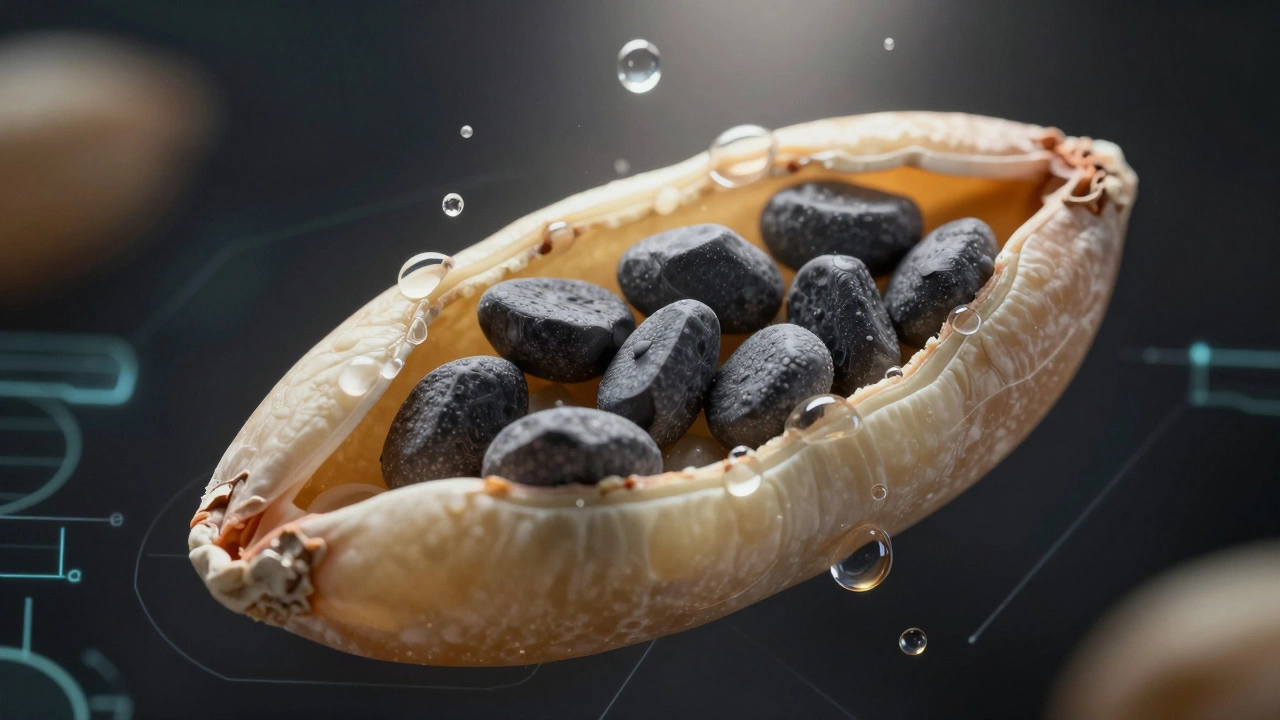 A cross-section of a rice grain with arsenic particles trapped inside, water washing only the surface.