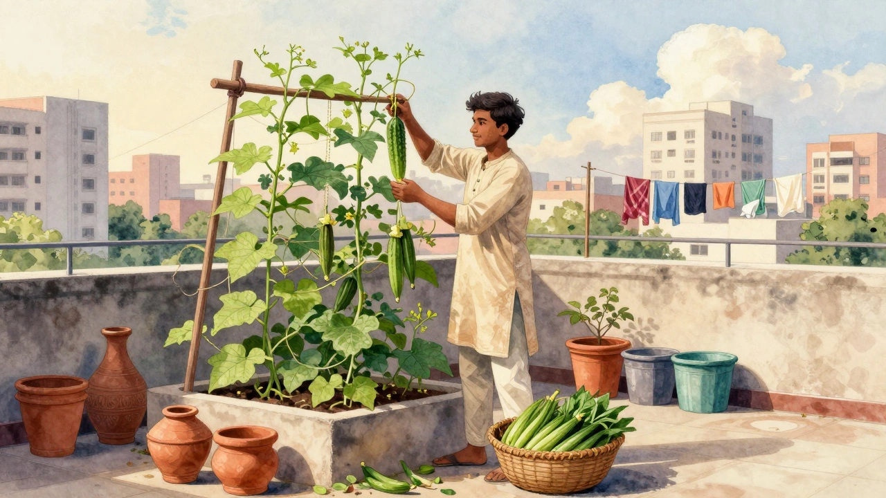 A gardener harvesting okra and cucumbers from trellises on a terrace in India.