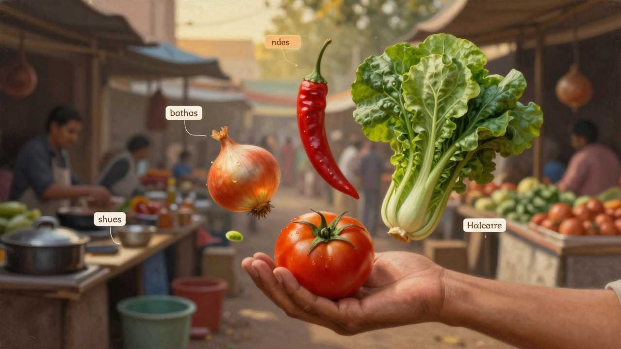 A hand holding key Indian vegetables with market and kitchen scenes in background.