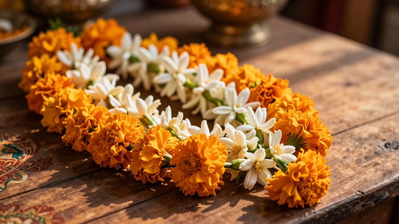 Bright orange marigolds and white jasmine buds