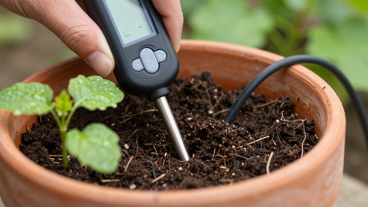 Close-up of hand using soil moisture meter in plant pot.