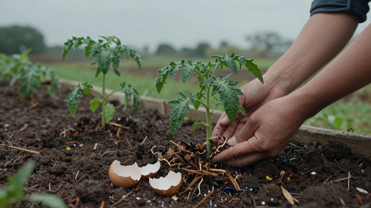 Hands applying worm castings and crushed eggshells around a thriving tomato plant.