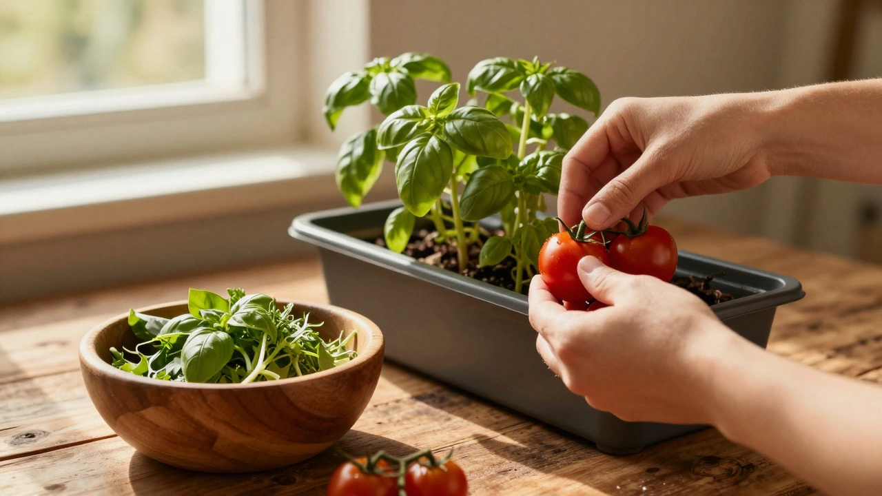Hands picking fresh herbs from a kitchen planter