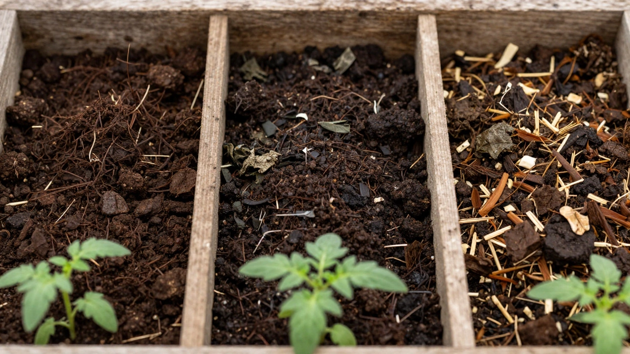 Three types of compost—manure-based, leaf mold, and vegetable-based—in separate bins.