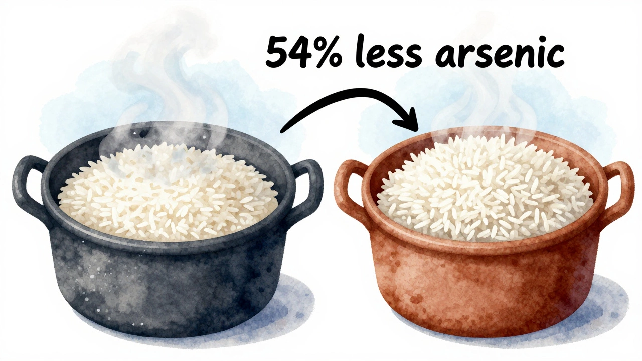 Two pots of rice side by side, one drained after cooking with excess water, showing cleaner grains.
