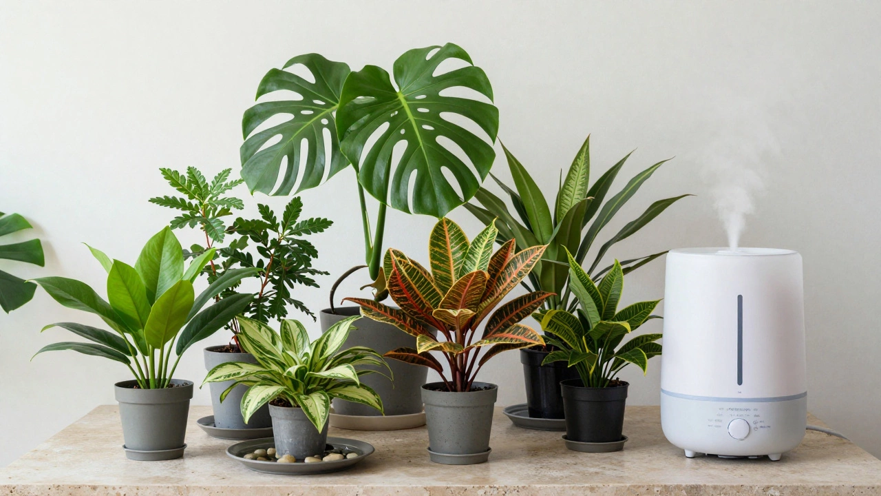 A group of houseplants on pebble trays with a humidifier in a bright room