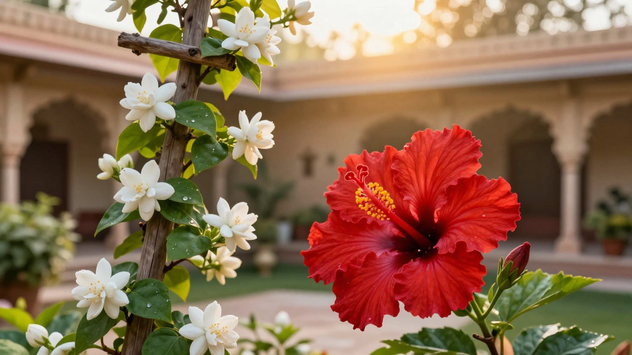 A lush Indian garden featuring red hibiscus and climbing white jasmine flowers.