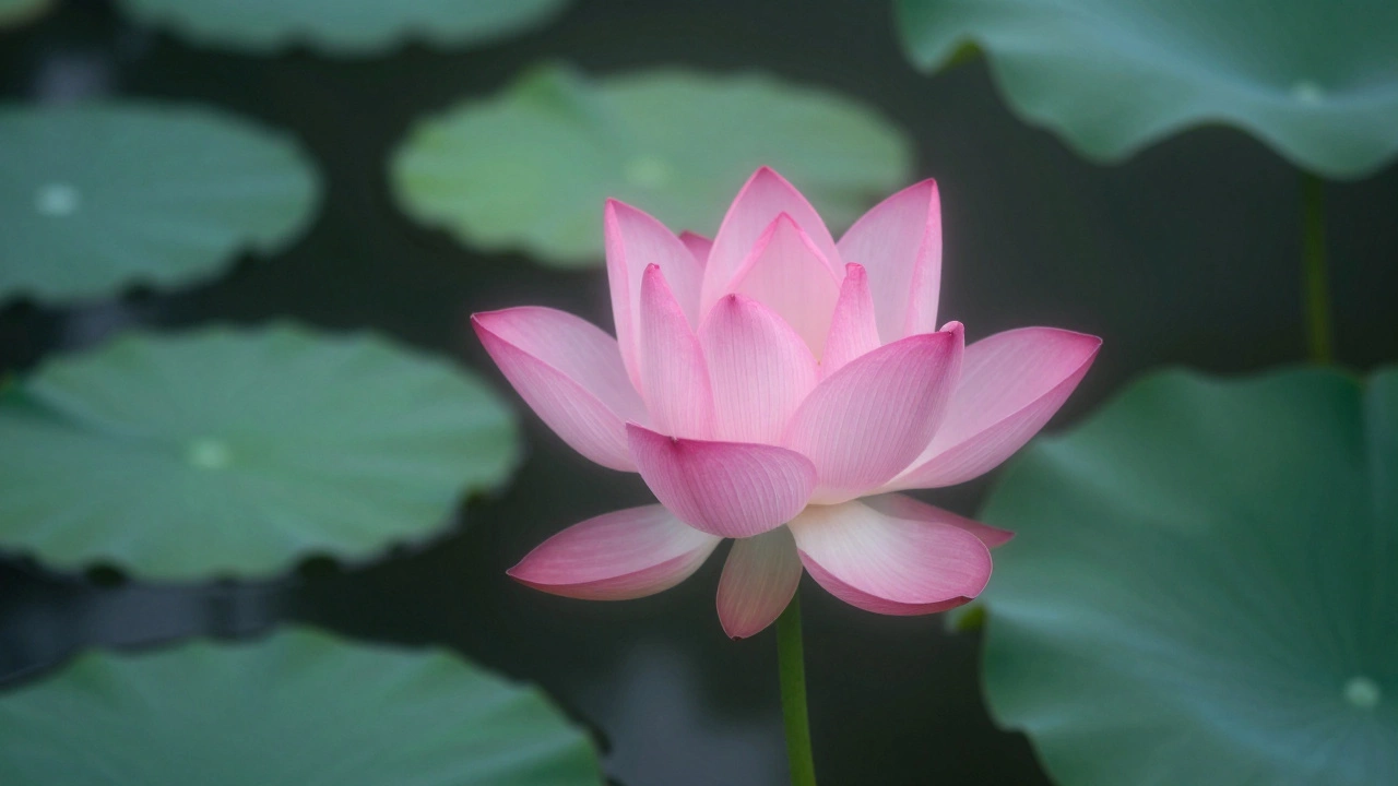 A vibrant pink lotus flower blooming in a serene, still water pond.