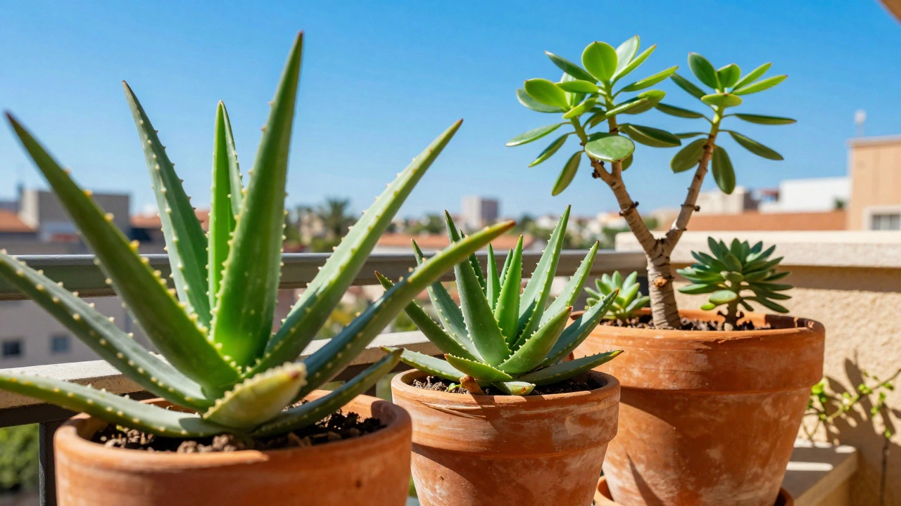 Aloe Vera and Jade plants in terracotta pots on a sunny balcony
