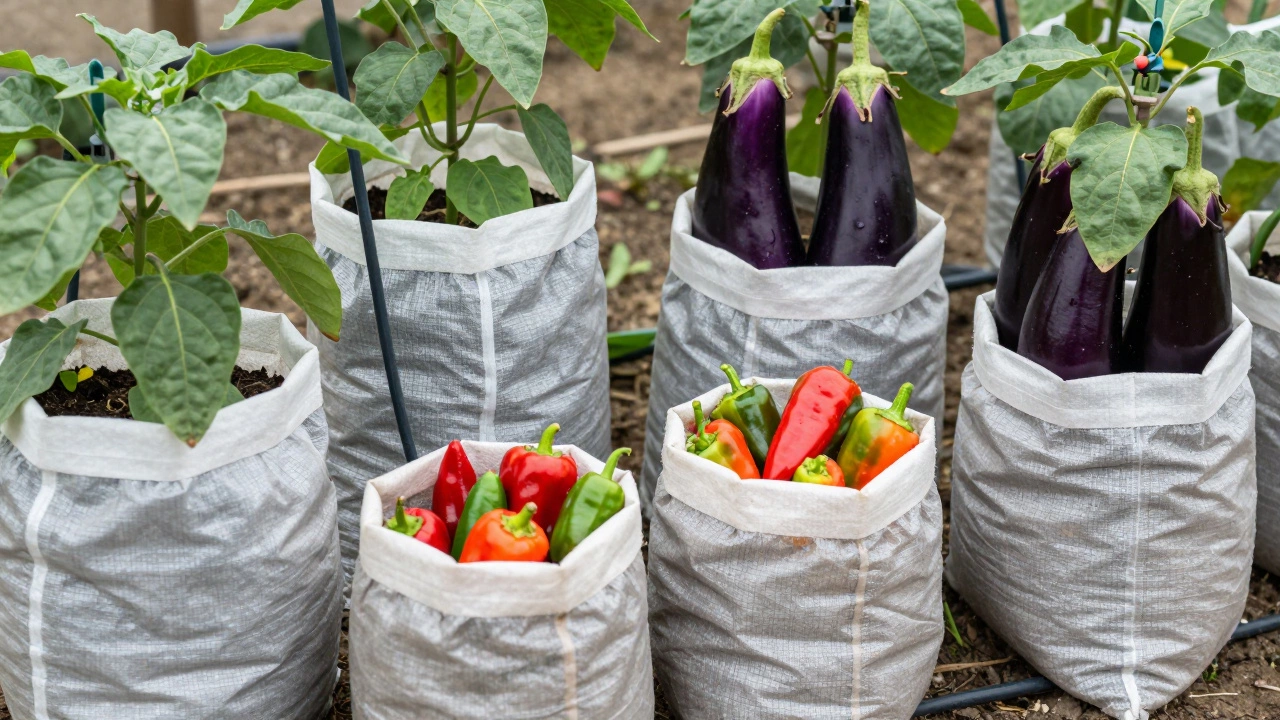 Chilli peppers and eggplants growing in lightweight fabric grow bags with a drip irrigation system.