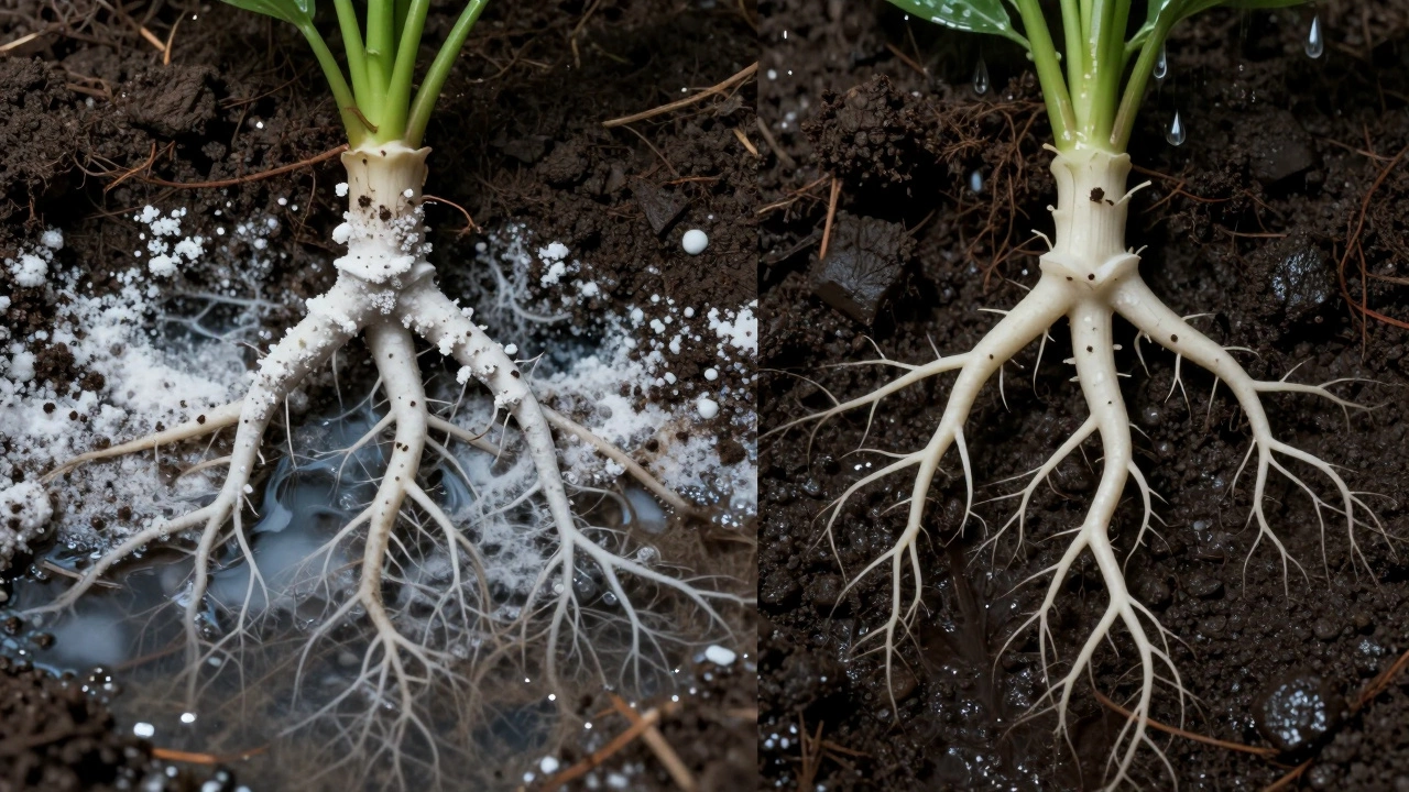 Comparison of plant roots with mineral salt buildup versus healthy roots