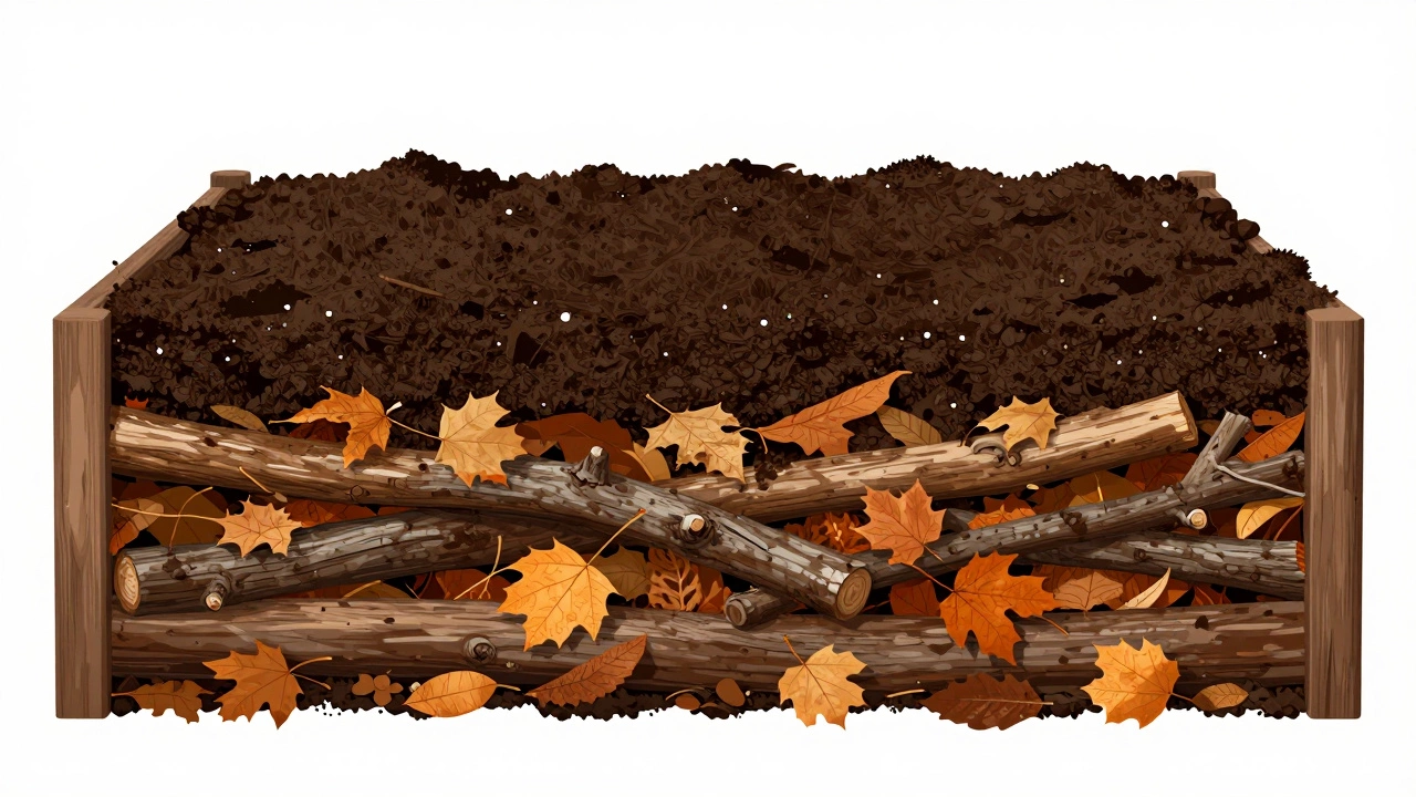 Cross-section diagram of a Hugelkultur bed with logs at the bottom and soil on top