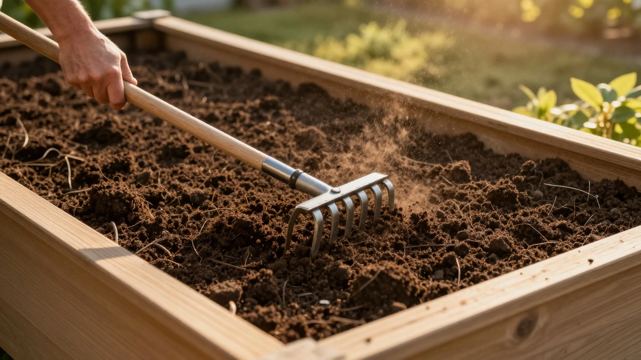 Gardener using a rake to level dark soil in a raised bed during golden hour