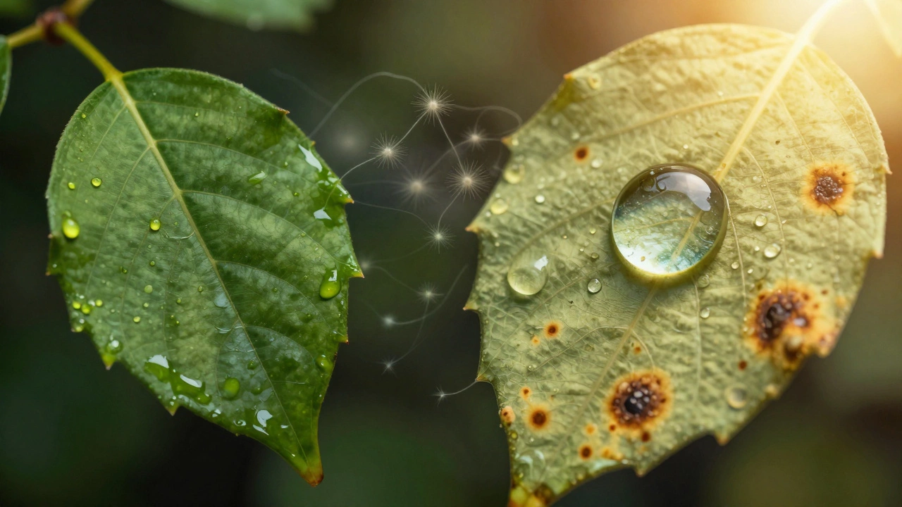 Macro view of water droplets on a leaf causing burn spots and fungal spores