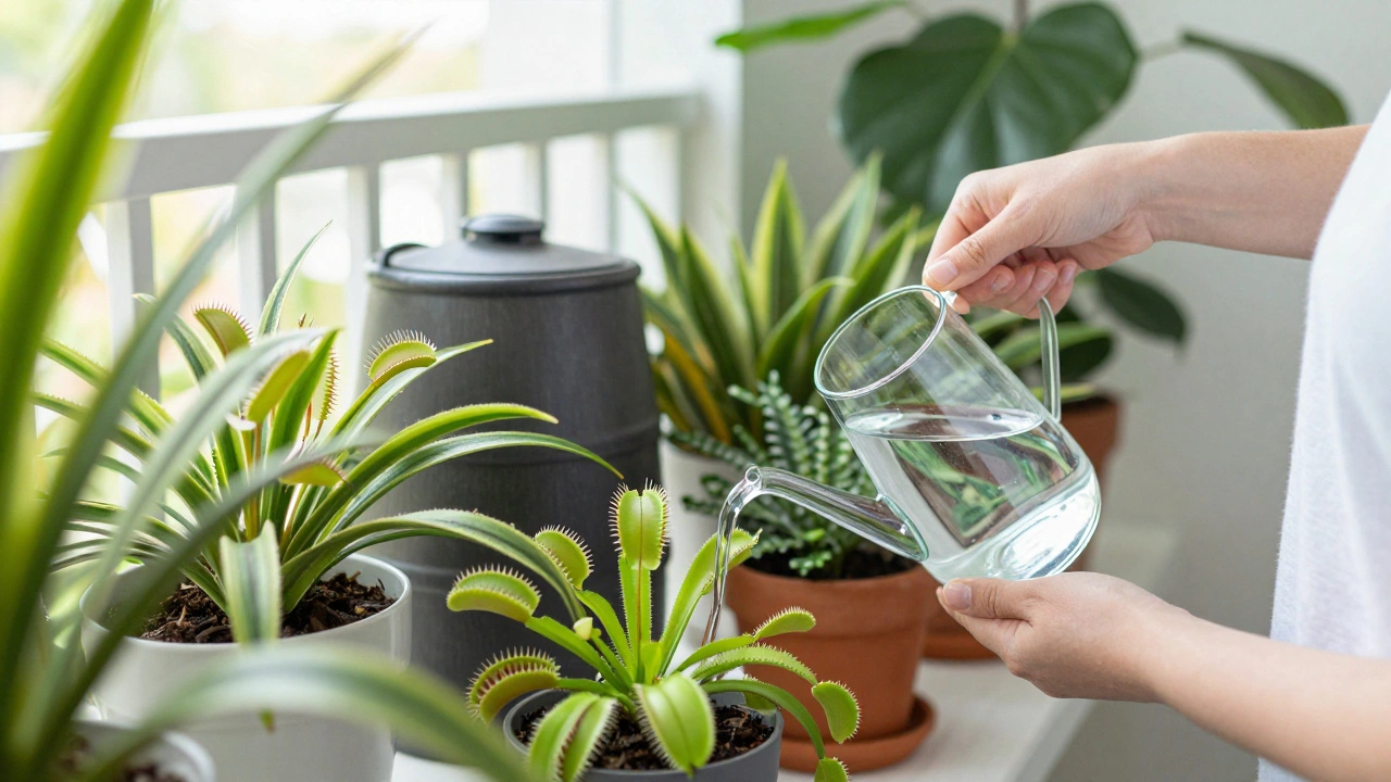Person watering sensitive indoor plants with filtered water in a bright room