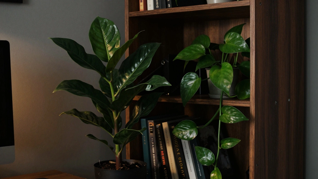 ZZ plant and trailing Money Plant on a bookshelf in a low-light room