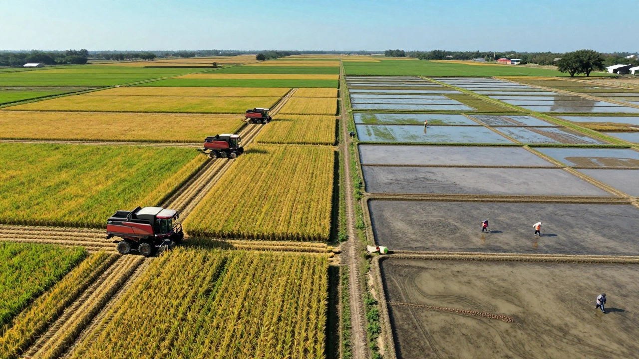 Aerial comparison of large US industrial farms vs small Asian plots