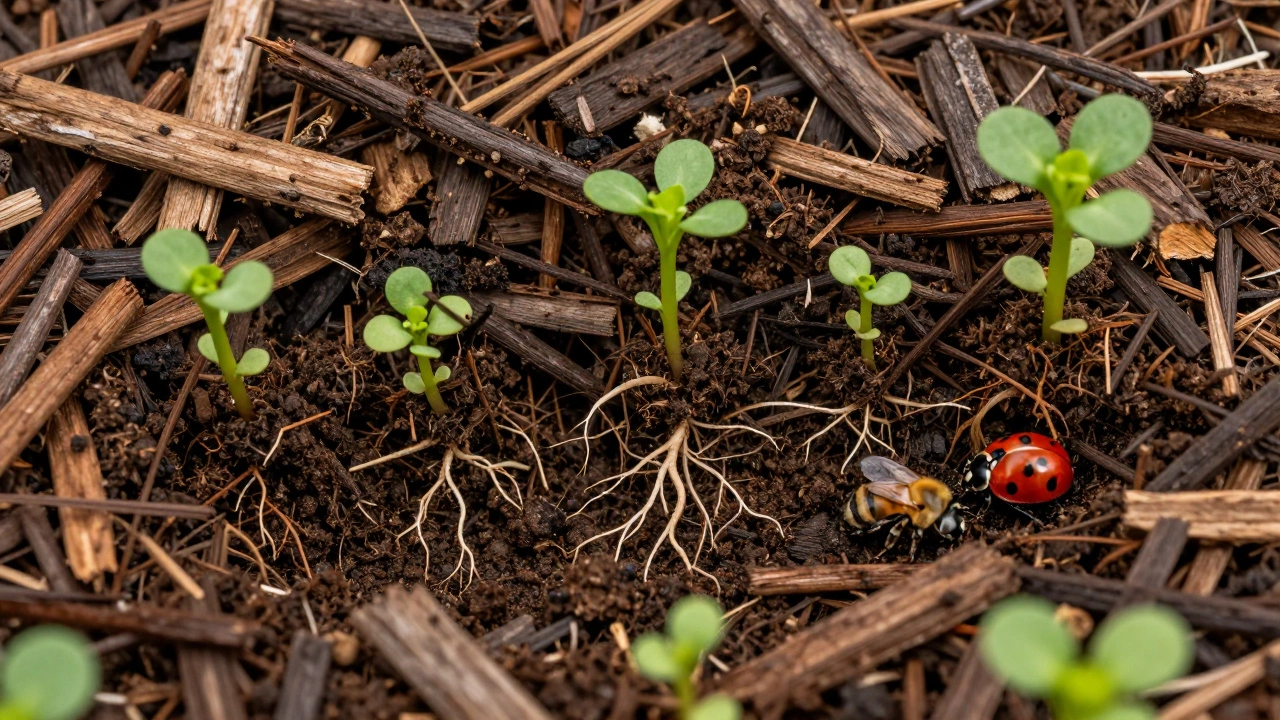 Close-up of healthy soil ecosystem with mulch, roots, and beneficial insects