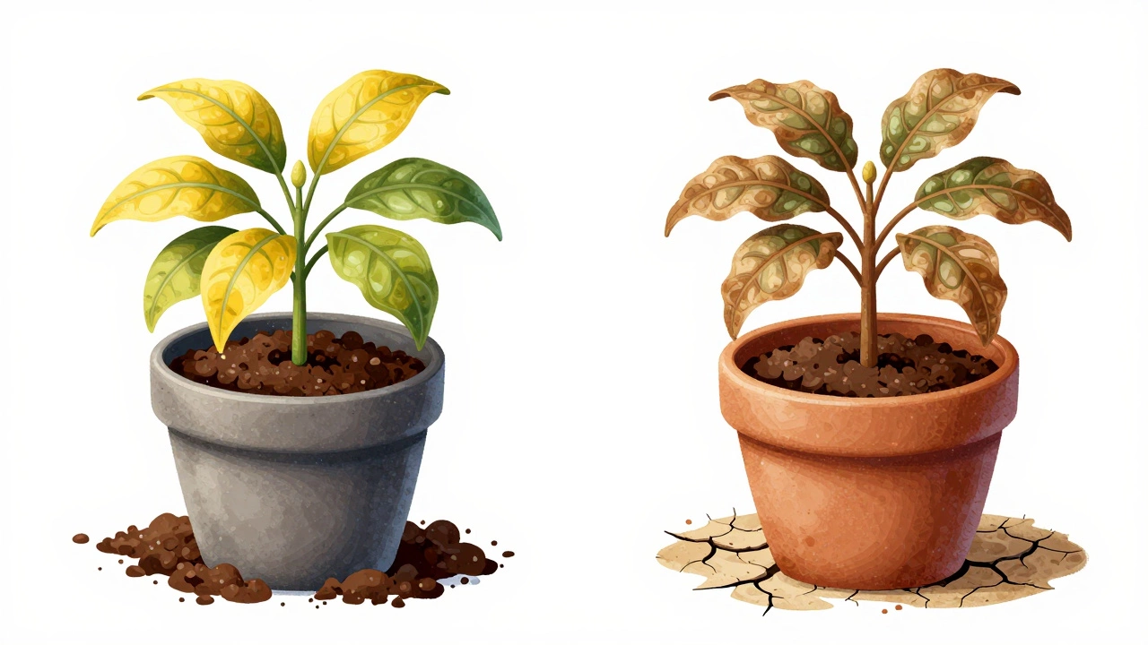 Comparison of overwatered and underwatered potted plants