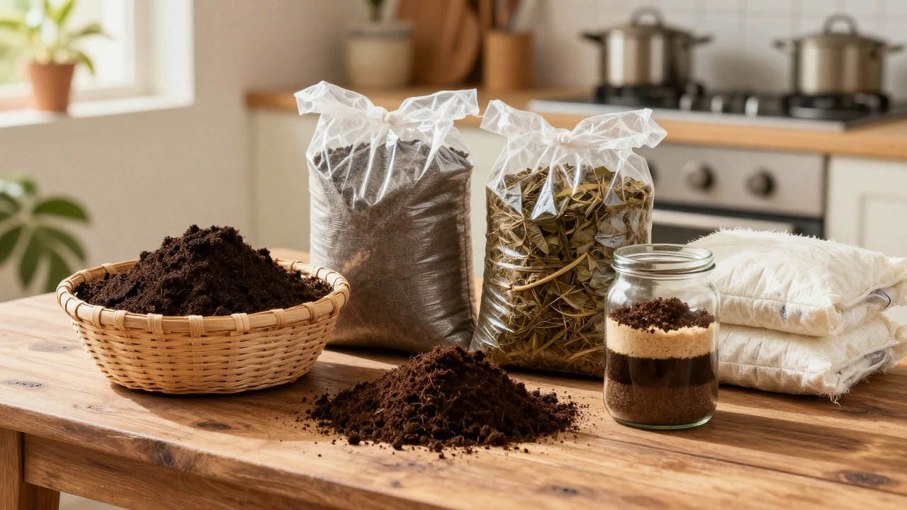 Compost, manure, and soil test jar on a table for soil restoration.