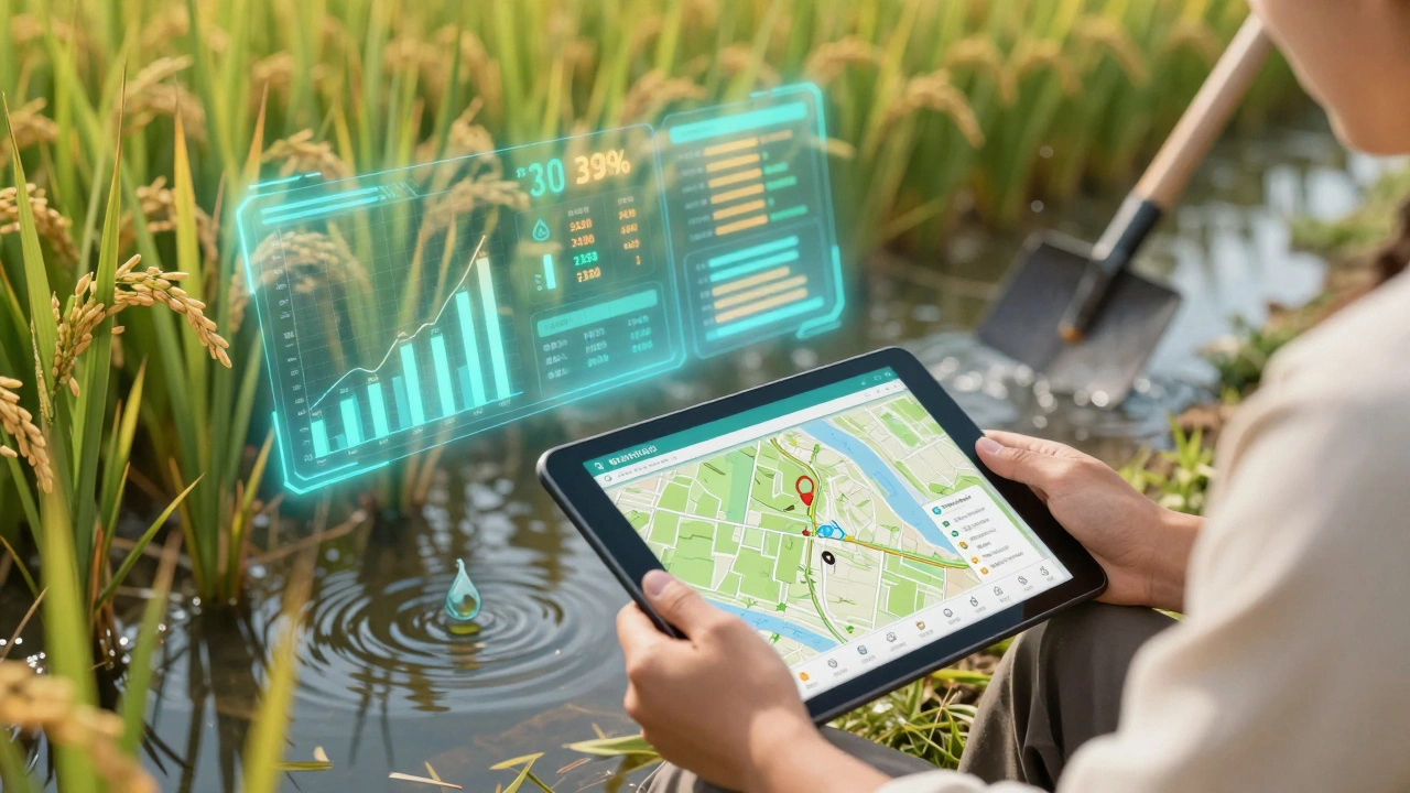 Farmer using tablet for precision agriculture in a rice field