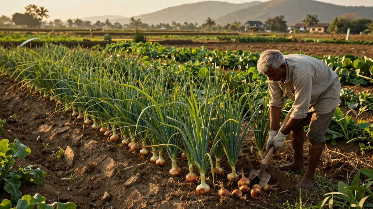 Gardener harvesting mature onions from a field in rural India at sunset.