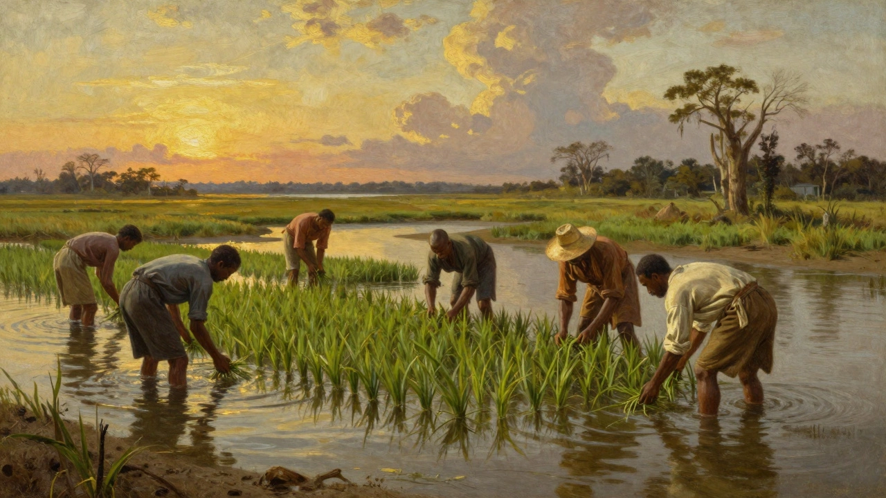 Historical painting of enslaved farmers cultivating rice in tidal marshlands