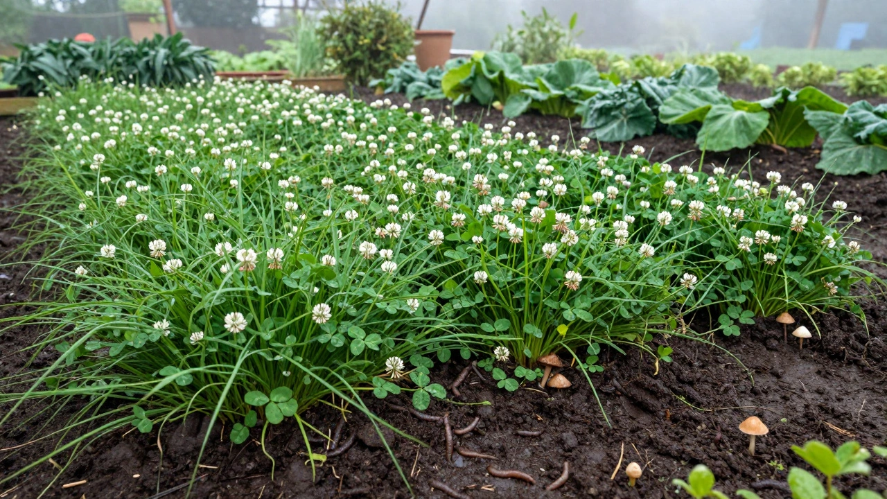 Lush green cover crops covering healthy, restored garden soil.