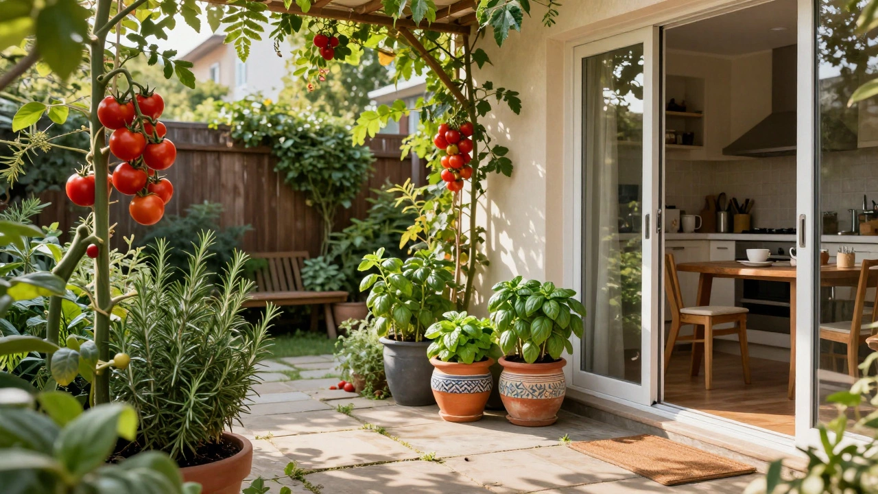 Lush kitchen garden with herbs and tomatoes near a patio