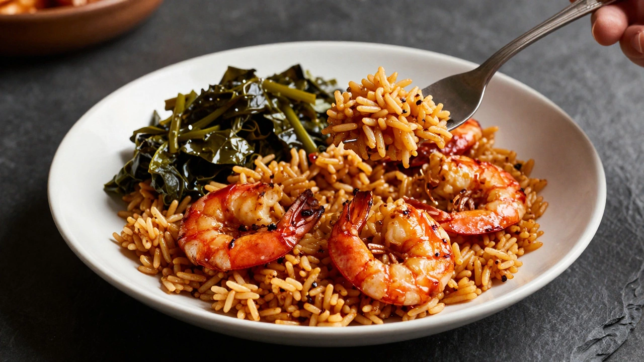 Plated Carolina Gold rice dish with shrimp and greens, fluffy and glossy