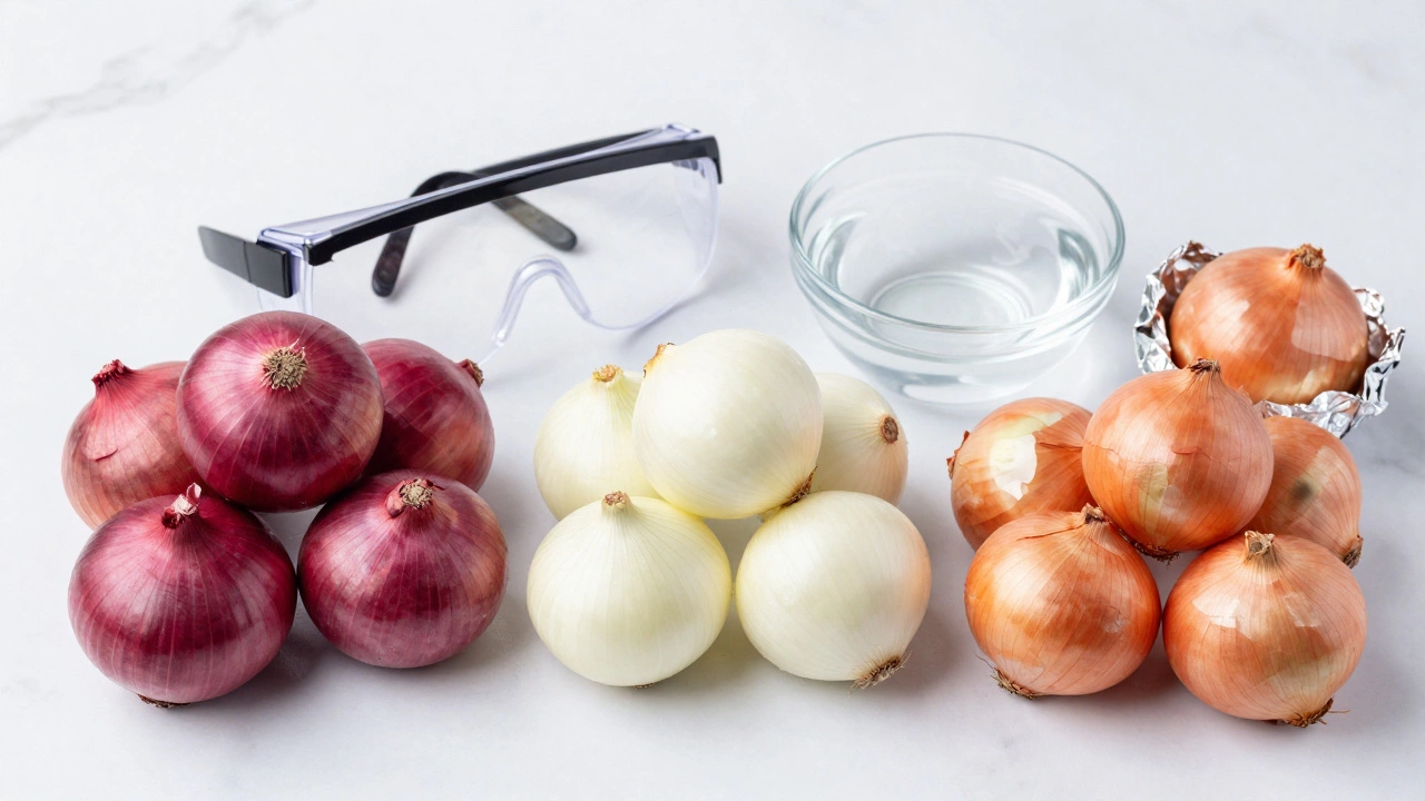 Red, white, and yellow onions displayed with kitchen tools on a marble counter.