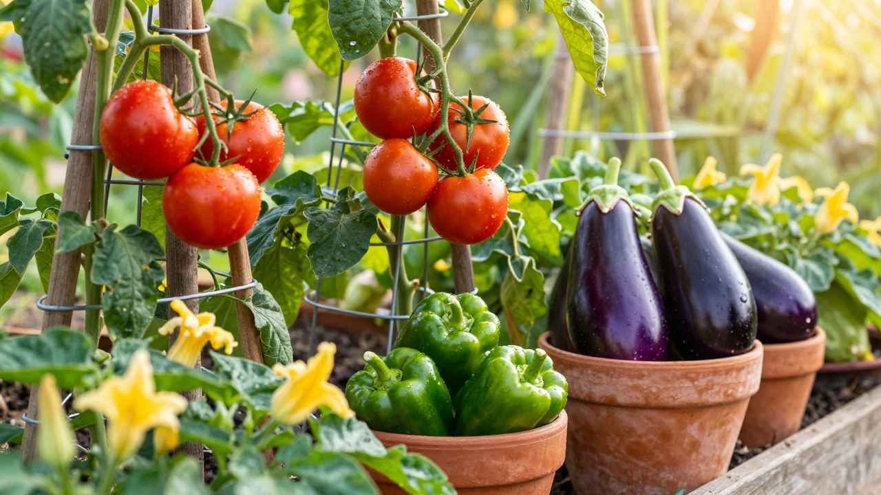 Ripe tomatoes, peppers, and eggplants hanging on vines in a home garden