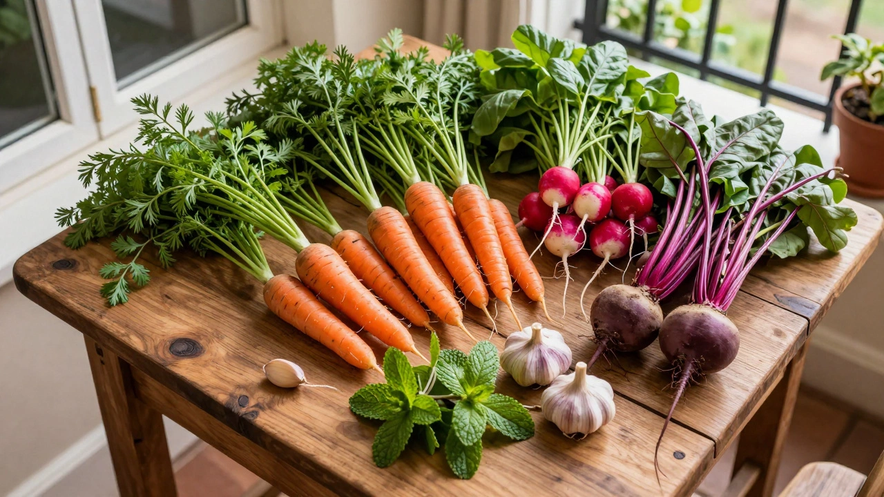 Root vegetables and fresh herbs arranged on a rustic wooden table