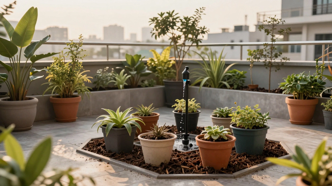 Terrace garden with mulch and drip irrigation system