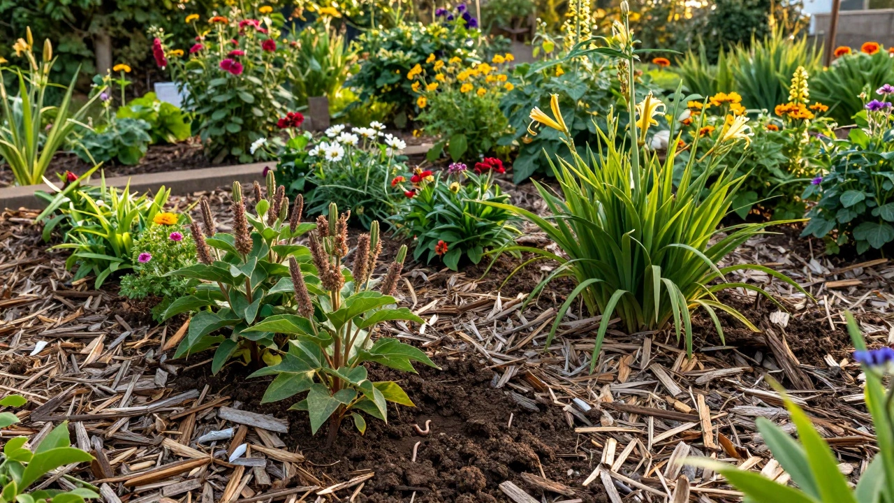 Thriving garden with mulch and healthy plants