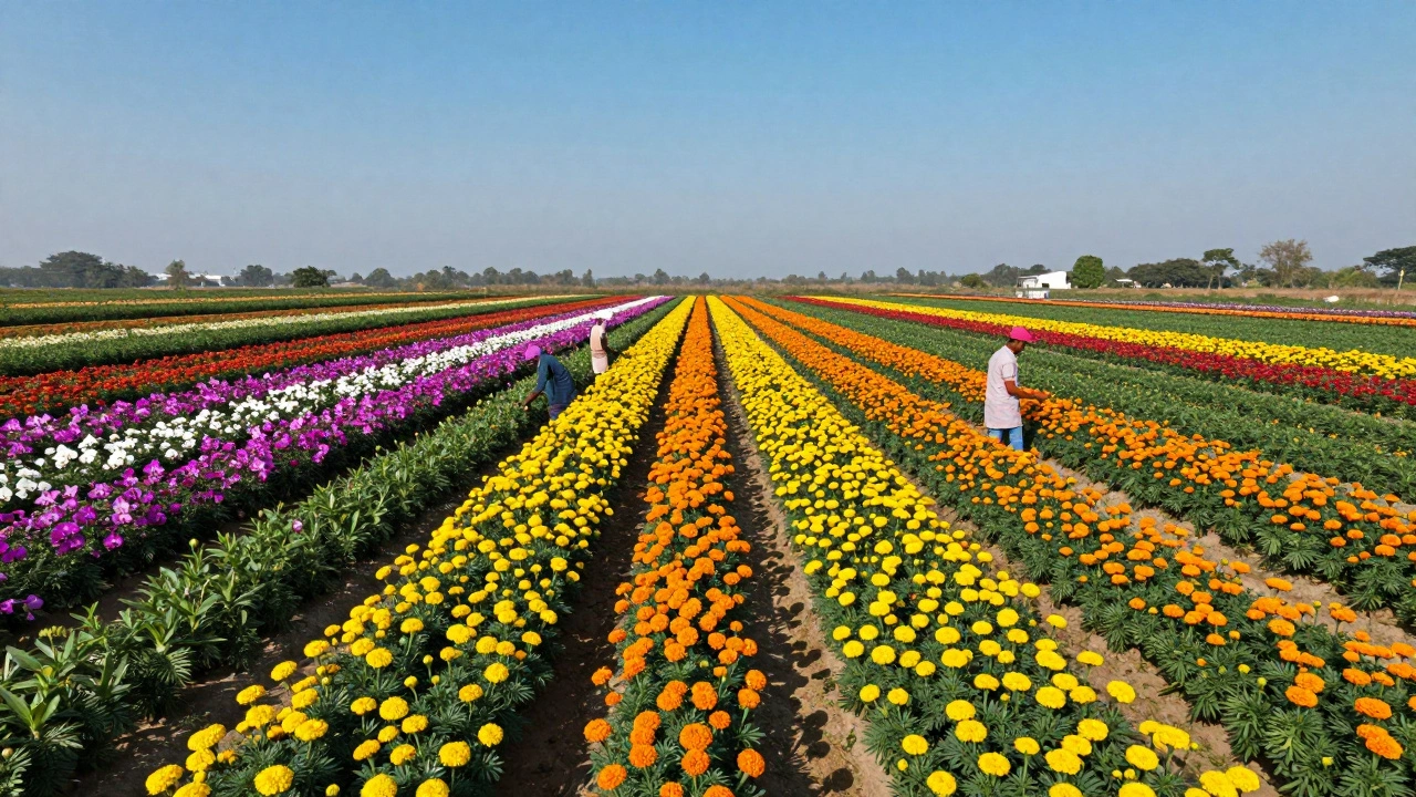 Aerial view of a large commercial flower farm with workers harvesting