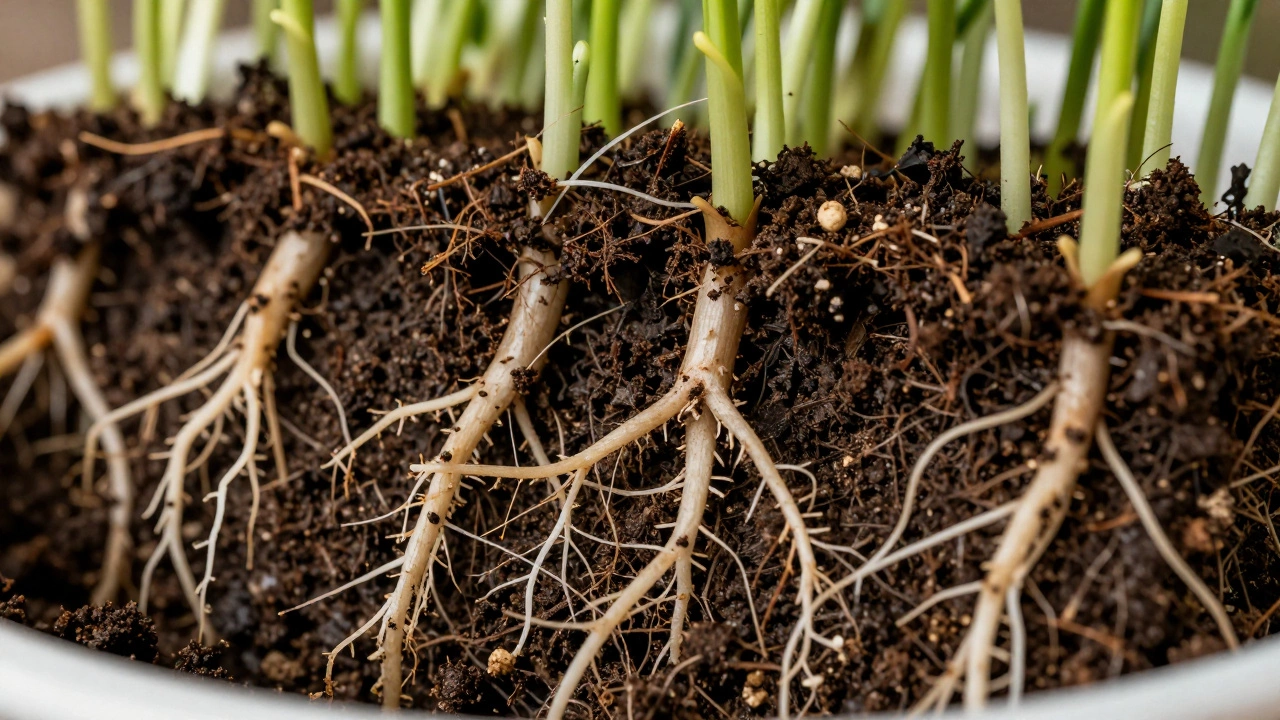 Close-up of asparagus roots developing in rich soil within a deep container