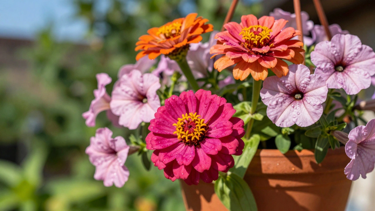 Close-up of colorful zinnia and petunia flowers with dewdrops in bright sun