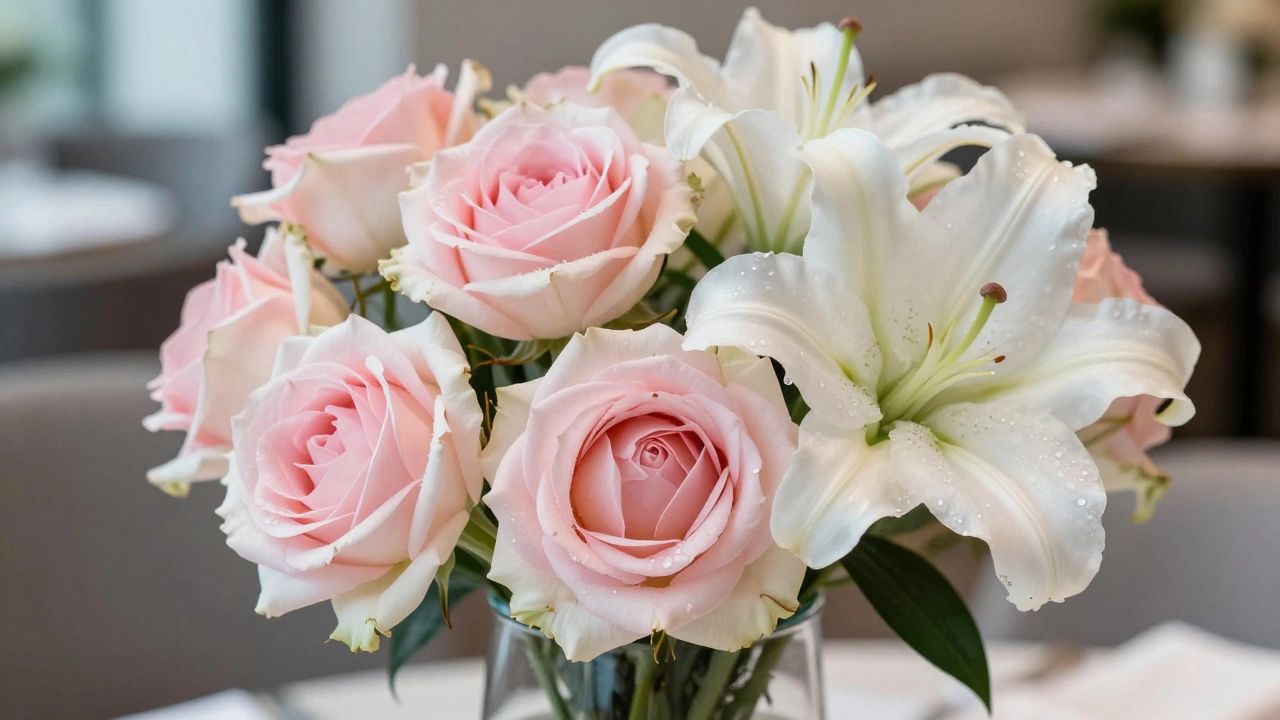 Close-up of premium roses and lilies in a vase with soft lighting