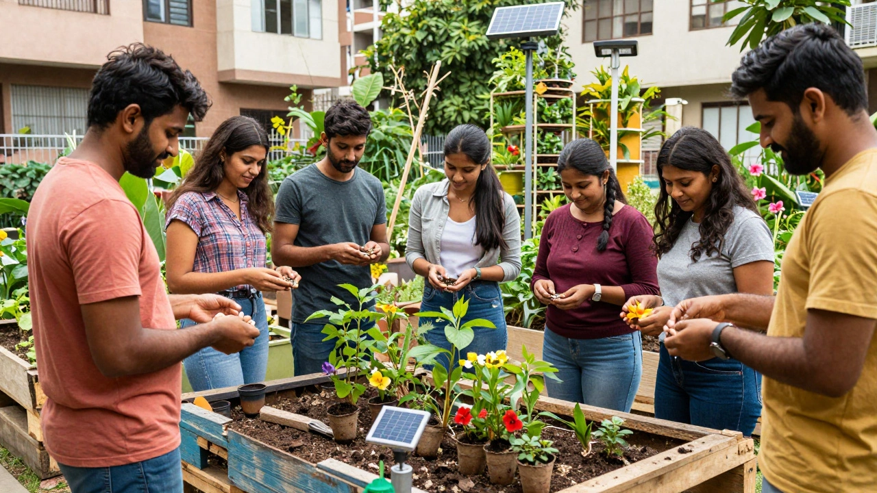 Community members gardening together using recycled materials and native plants