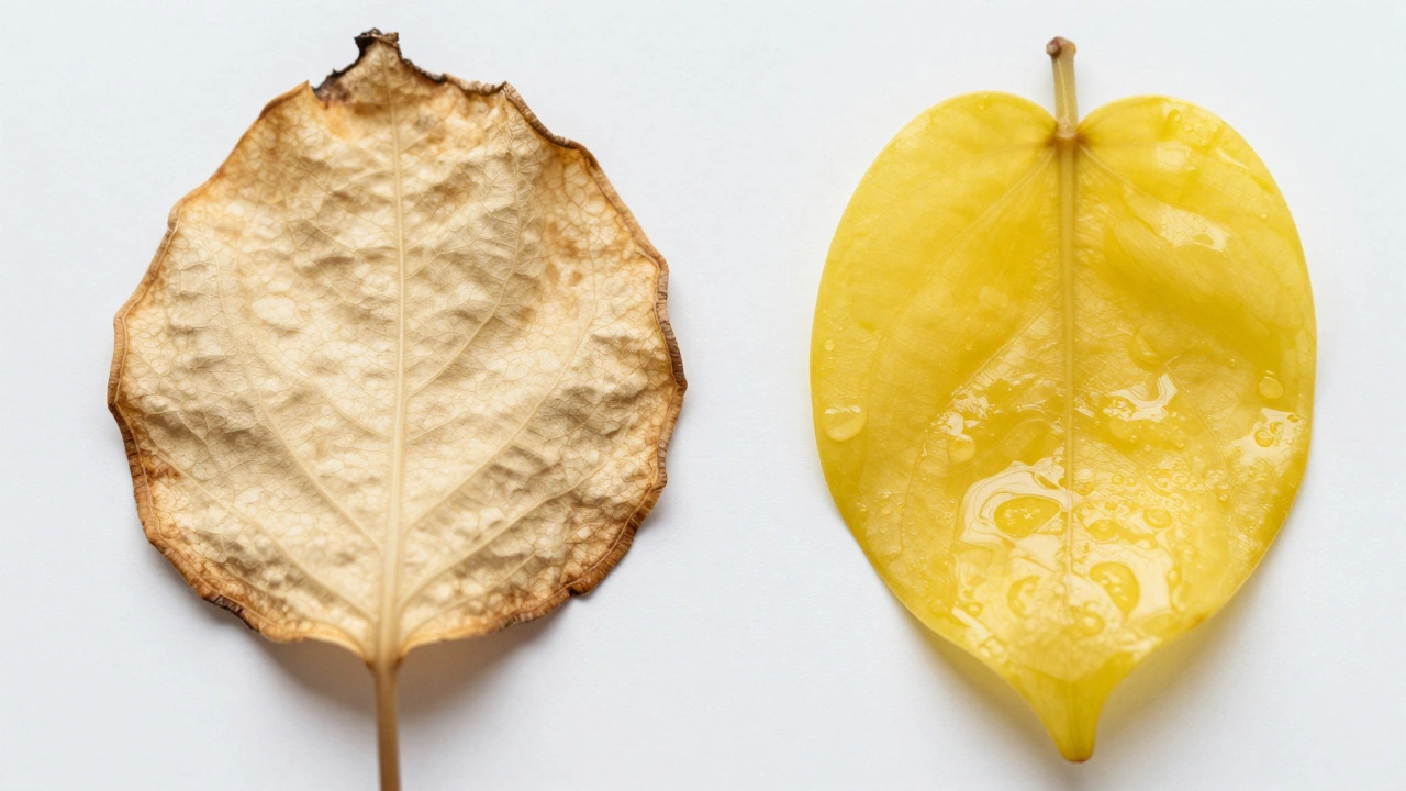 Comparison of crispy underwatered vs mushy overwatered leaf