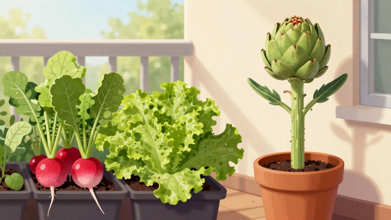 Comparison of fast-growing radishes and slow-growing artichokes on a balcony