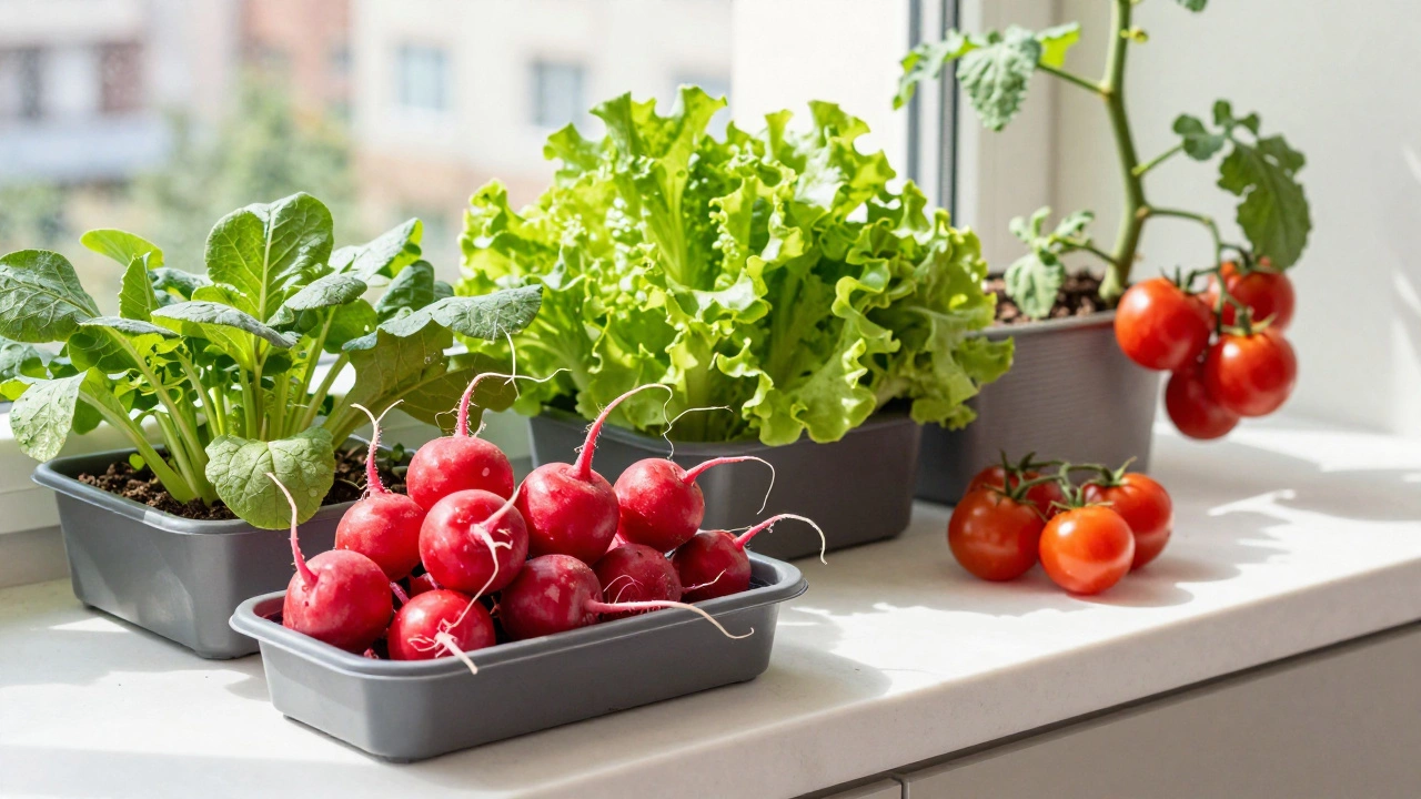 Container-grown radishes, lettuce, and cherry tomatoes thriving on a bright counter.