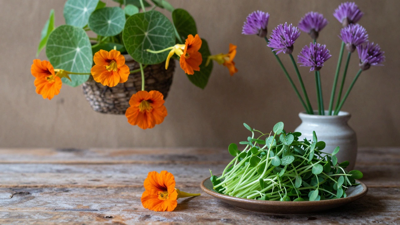 Edible nasturtiums, chive flowers, and microgreens arranged on a rustic table.