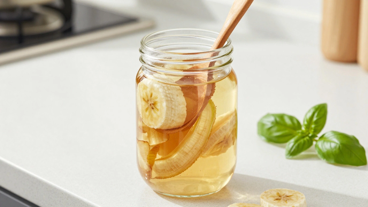 Glass jar with chopped banana peels steeping in water