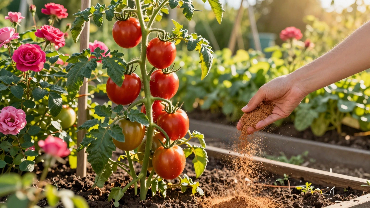 Hand sprinkling banana powder near tomato plants and roses